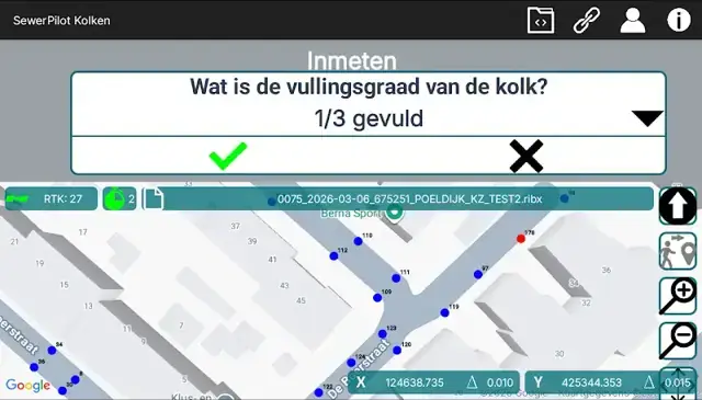 Sewer Pilot op een tablet: de vraag naar de vullingsgraad van de kolk, met de ingemeten kolken op de kaart