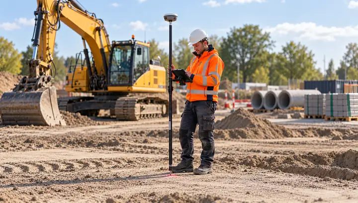 Foto: een medewerker meet met een GPS-ontvanger en tablet een punt in op een bouwterrein, met een graafmachine op de achtergrond