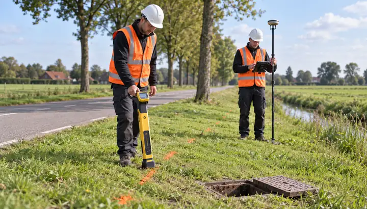 Foto: een medewerker spoort met een kabeldetector een kabel op in de berm, een collega meet de ligging in met GPS