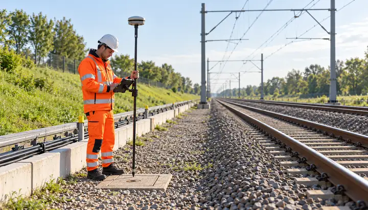 Foto: een medewerker meet met GPS een put langs het spoor in, naast de kabelgoot